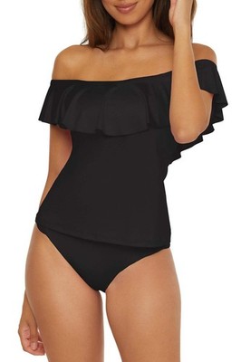 Trina Turk Monaco Ruffle Off Shoulder Tankini Top Womens Swimwear Multi Color
