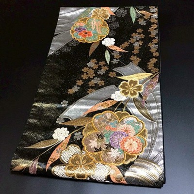 6802# Japanese Vintage Fukuro Obi Belt Kimono Fabric Silk Traditional Black