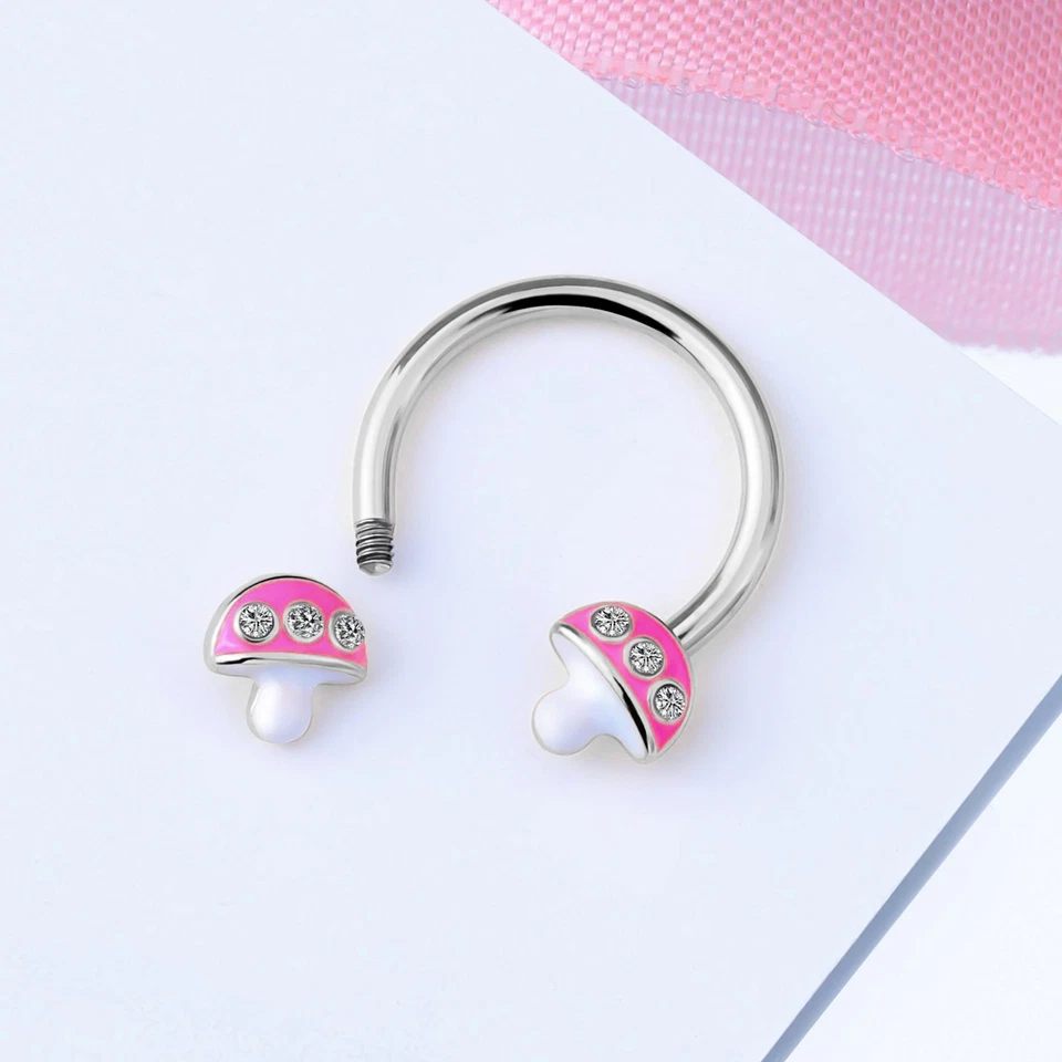 Brincos de cartilagem 16G de aço inoxidável com zircão circular ferradura cogumelo rosa - Imagem 4 de 4