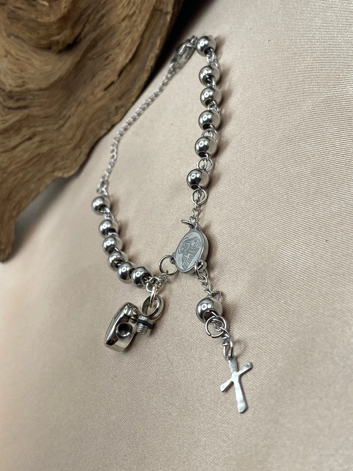 Pulsera Rosario Católico Cuentas con Cruz y Marido Corazón Cremación Urna Memorial Foto 2 de 4