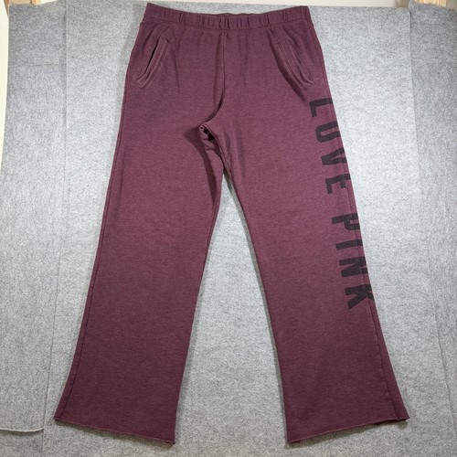 PINK Victorias Secret Love Pink Sweatpants Womens L Maroon Raw Hem Cotton Lounge