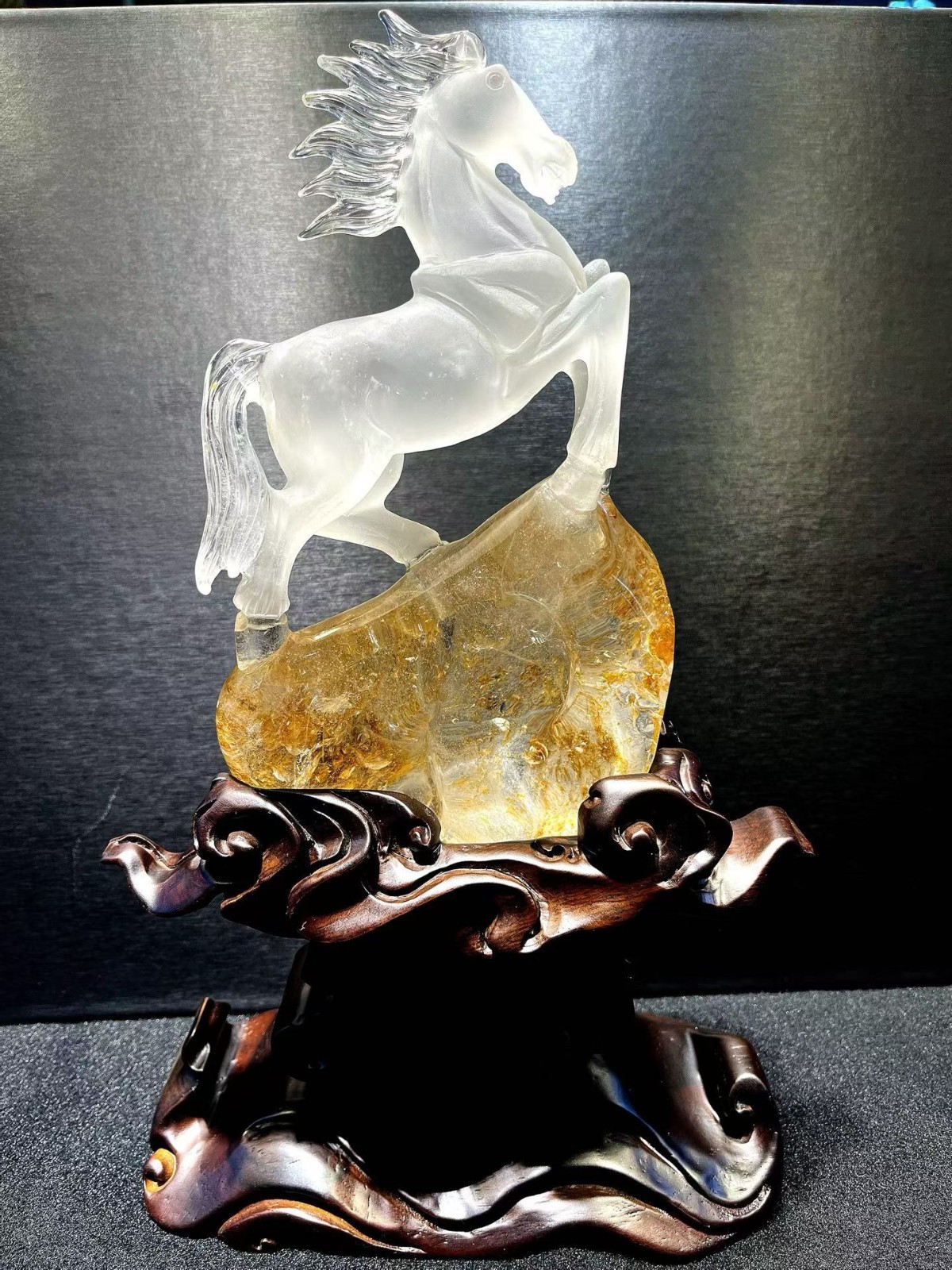 5.5LB Top Rare Natural Fire Quartz hand-Carved Horse crystal reiki Decor+stand
