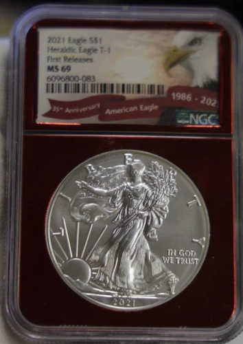 2021  Silver Eagle Type 1  $1 NGC MS69  1st Rel. Red Mirror Core Slab