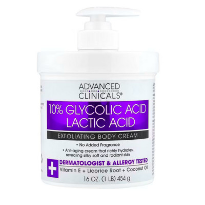 Advanced Clinicals, 10% Glycolic Acid, Lactic Acid, Exfoliating Body Cream, 454g