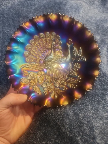 Northwood Carnival Glass Electric Purple Peacocks Pie Crust Edge Bowl. Excellent