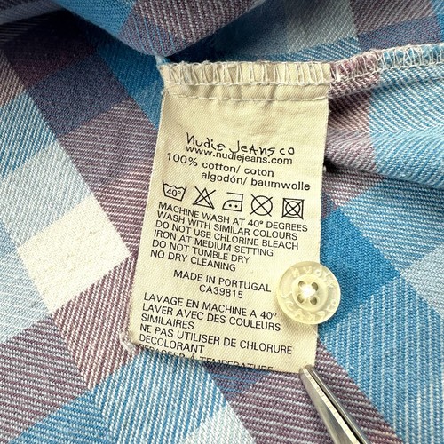 Nudie Jeans Check Flannel Shirt Mens Medium Blue Purple Plaid Cotton Retro - Picture 7 of 13