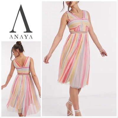 ANAYA WITH LOVE  Rainbow Tulle Striped Midi Dress UK 4 P NEW Wedding Proms Party
