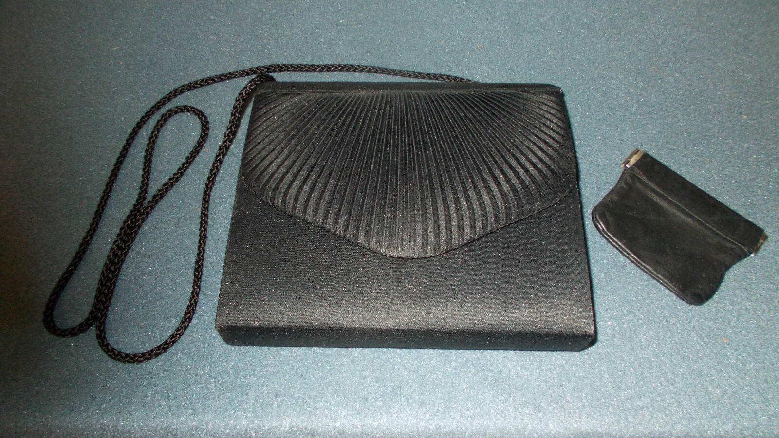 Black Satin Evening Bag with Pleated Fan Motif & Leather Coin Purse - New