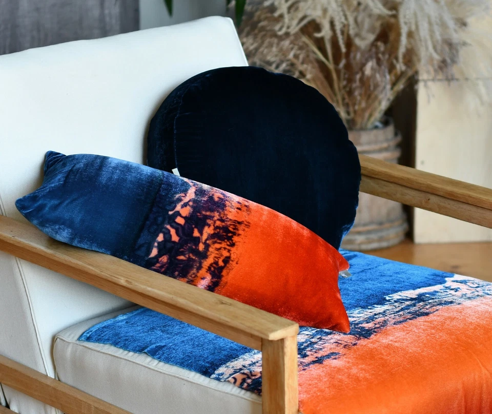 Fabric17 Velvet Lumbar Pillow Cover 12" x 20" Hand Dyed Blue & Red Abstract Art - Image 4 of 4