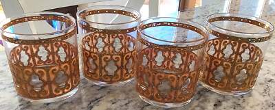 Vtg Culver 22k Gold Orange Scroll 3.5'' Old Fashioned Glasses - Set Of 4