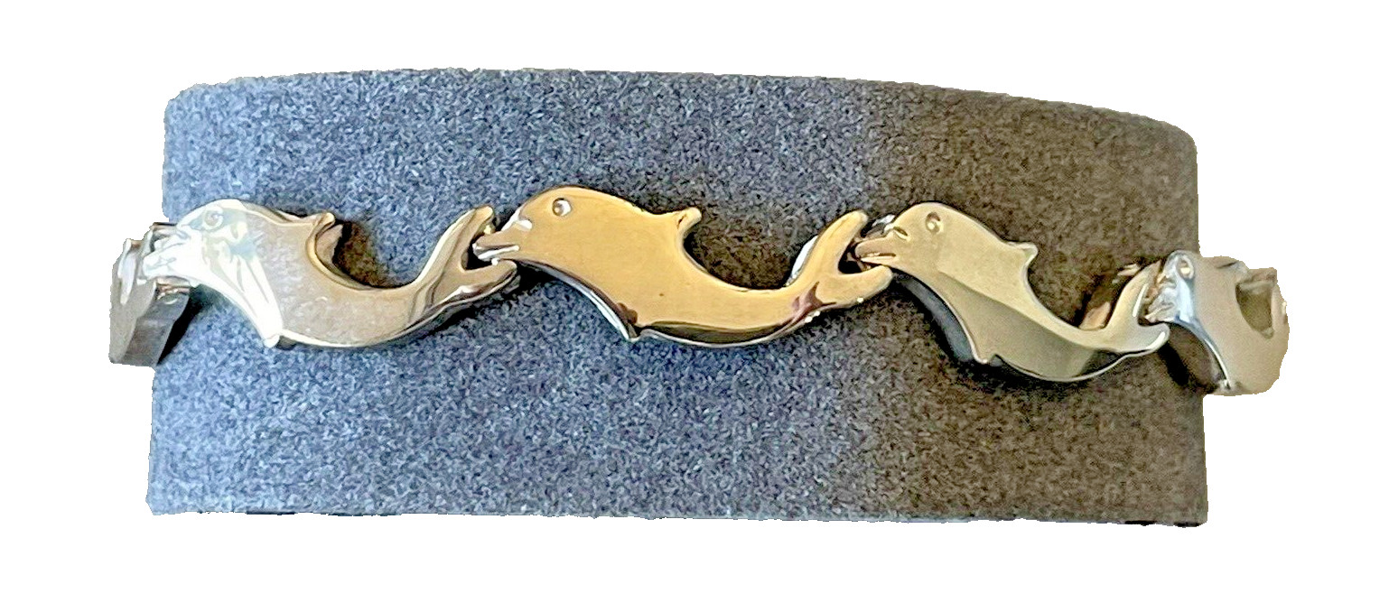 Vintage Solid Sterling Silver Dolphin Link Bracel… - image 3