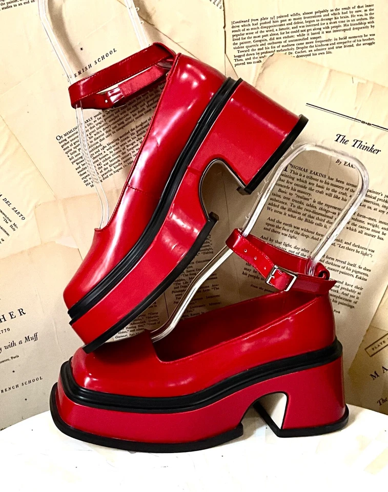 Free People Jeffrey Campbell Lizzy Plataforma Mary Jane Rojo Negro Brillante 36/6 NUEVO Foto 2 de 4