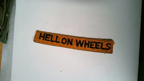 MILITARY PATCH SEW ON OLDER TAB US ARMY HELL ON WHEELS BLACK ON GOLD WW2 ERA