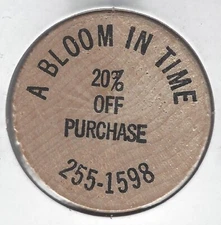 A BLOOM IN TIME, 20% Off Purchase, Token, Buffalo Wooden Nickel