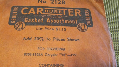 NOS Carter 1951 Chrysler 2 bbl carburetor gasket pkg, 8 cylinder - Picture 2 of 2