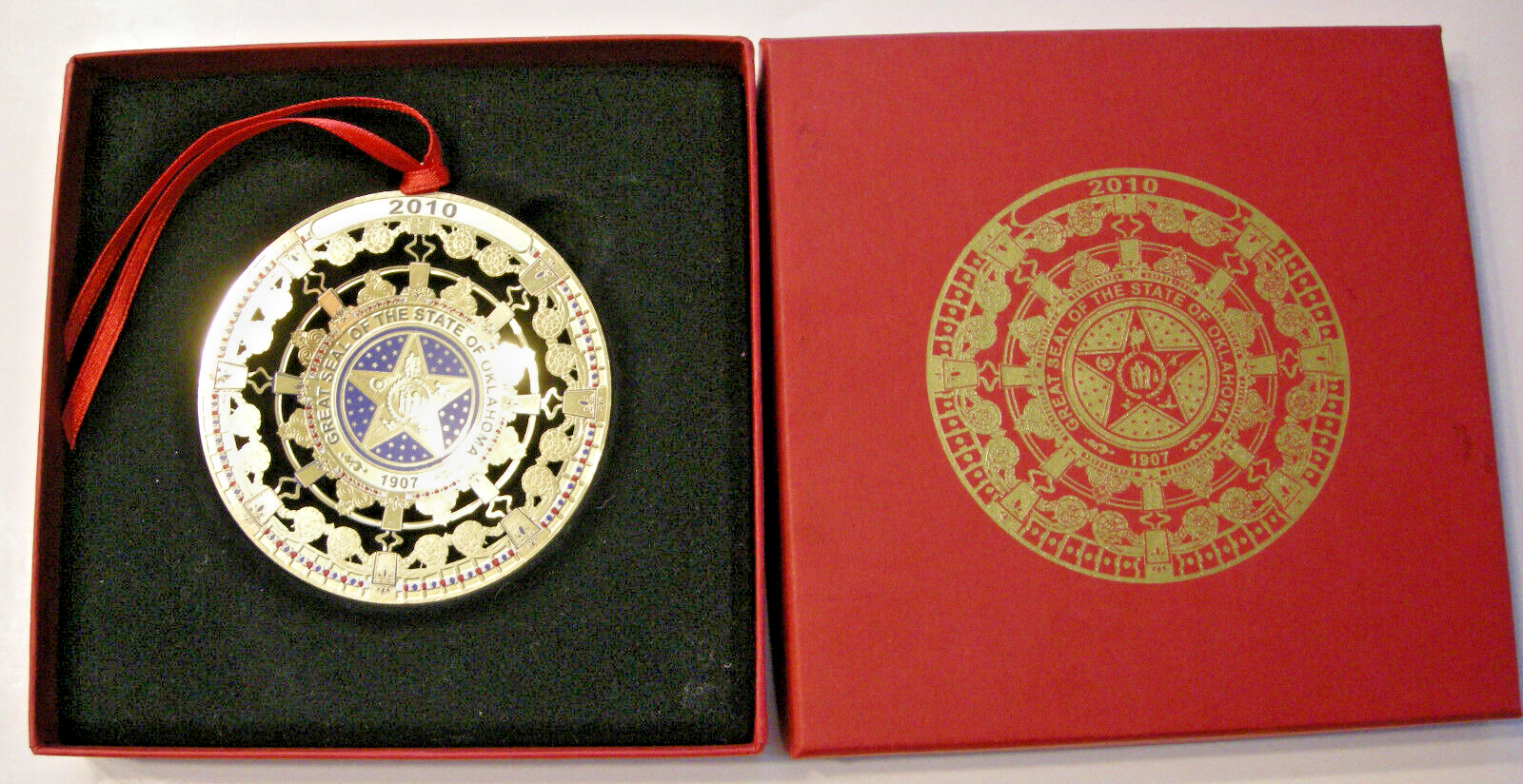 Geat Seal of Oklahoma Goldtone Christmas Ornament 2010 Boxed Collectible