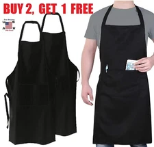 Solid Cooking Kitchen Restaurant Bib Apron Unisex Dress Black with 2 Pockets USA