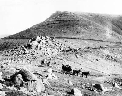 Buckboard wagons coaches zigzagging down ''W'' Pike's Peak carriage r- Old Photo
