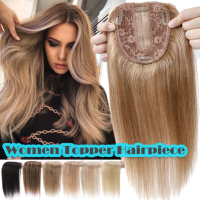 Clip in Top Wig REAL Human Hair Topper Toupee Piece Silk Base Women Hairpiece US