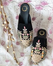 Black Handmade Embroidered Mules for Bride, Indian ithnic footwear, Wedding Shoe