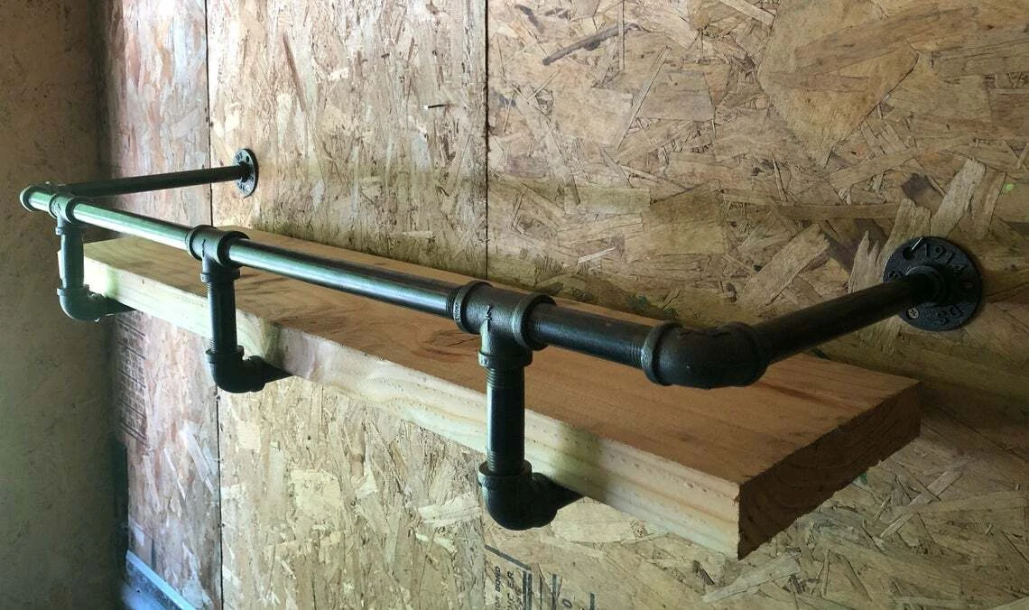 Black Pipe Shelf Bracket with Drink Bar Rail