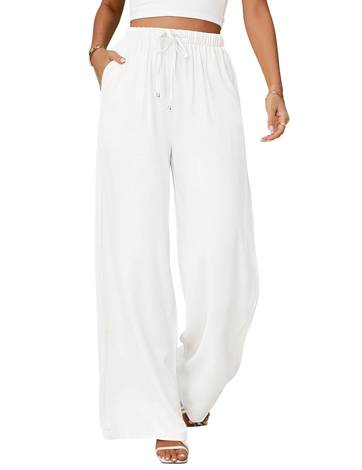 Womens Linen Pants High Waisted Wide Leg Trousers Summer Palazzo Casual Pant ...