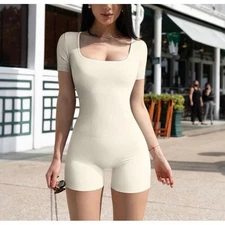 Shein Women's Yoga Short Sleeve Square Neck Off White Stretchy Romper Size S #