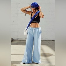 NWOT Free People Movement For the Win Wide Leg Slouchy Raw Hem Blue Sweatpants