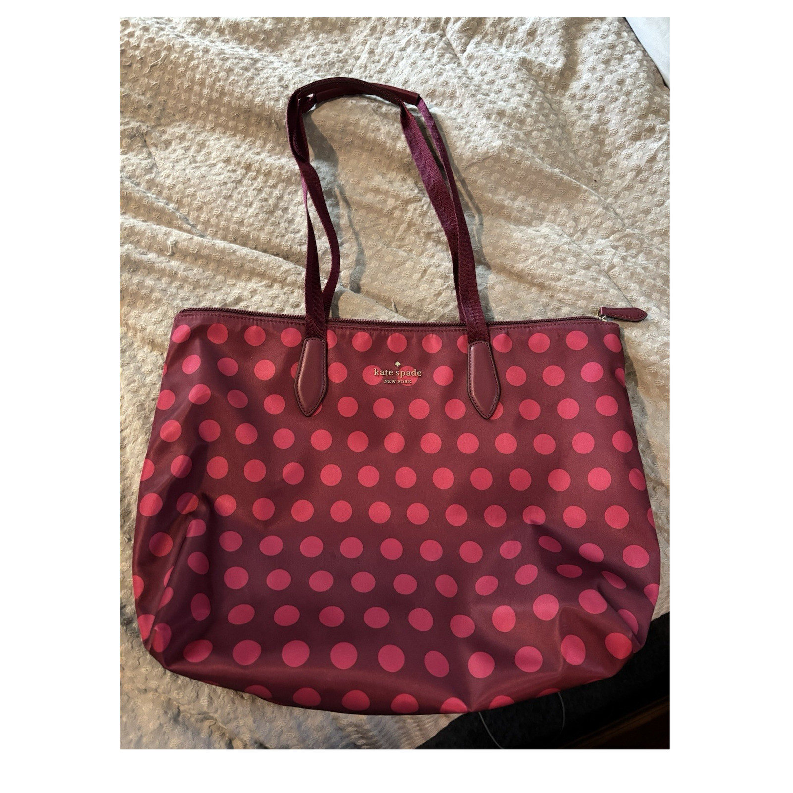 Kate Spade New York Burgundy Pink Polka Dot Zip Tote, Lined, Inner Pockets