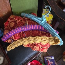 Vintage LOT OF 3 Multi Colored Crocheted Wooden Yarn Covered Clothes Hangers