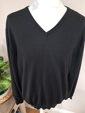 Mens TM Lewin Black 100% Merino Wool V Neck Jumper Sweater Top Size Large