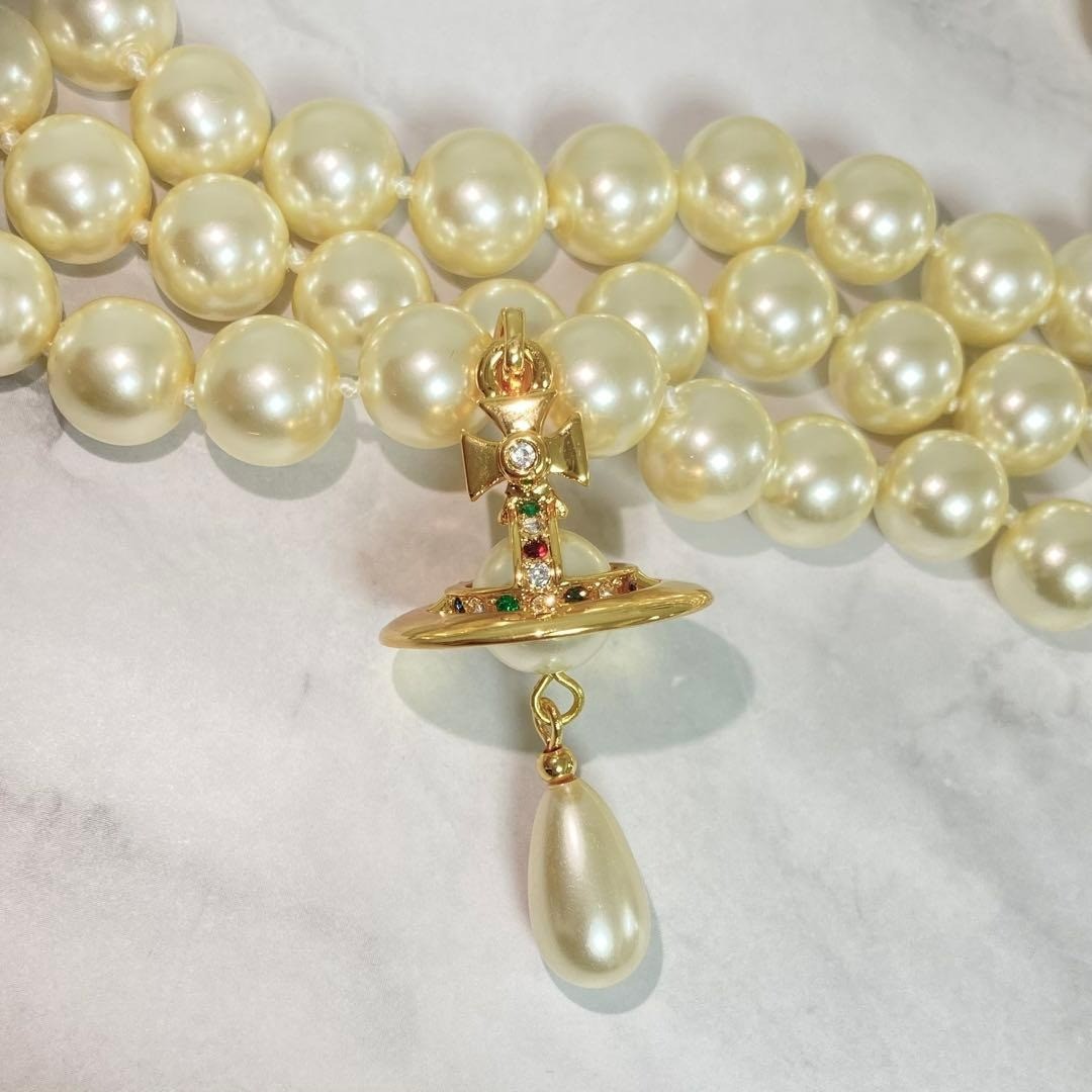Vivienne Westwood Necklace 3-strand Drop Pearl Gold w/Pouch NO BOX