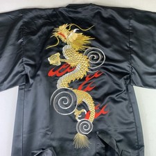 Japanese Black ROBE KIMONO Dragon Embroidered w/ belt Polyester Made in Japan