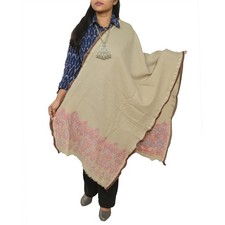 Sanskriti Vintage Ivory Long Pure Woolen Shawl Woven Scarf Throw Winter Stole