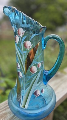 Antique DUGAN TURQUOISE GLASS LEMONADE TALL PITCHER VICTORIAN FLORAL Gold Accent