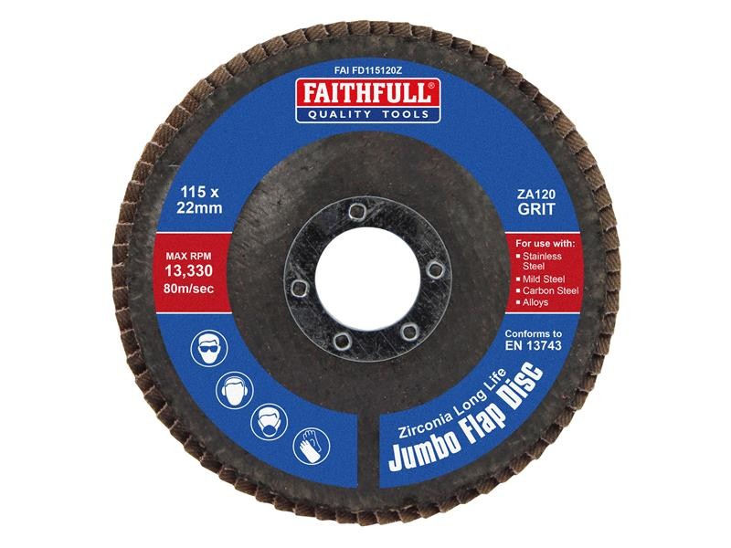Faithfull Jumbo Flap Disc ZA120 115mm 120 Grit for Angle Grinders