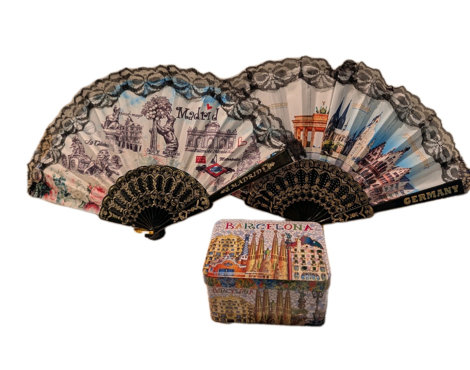 2 Souvenir Hand Fans Alemania y Madrid y Barcelona caja de chocolates con bisagras de hojalata