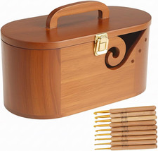 Portable Oval Wooden Yarn Bowl - with Lid, Lock  Handle, 9 Knitting Hooks Set,
