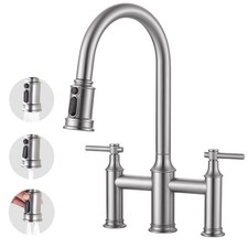 Brushed Nickel Bridge Kitchen Faucet: 3 Holes Kitchen Faucet with Pull Down S...