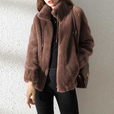 Women Winter Double Coral Fleece Warm Coat Stand Collar Plush Thick Overcoat Fem