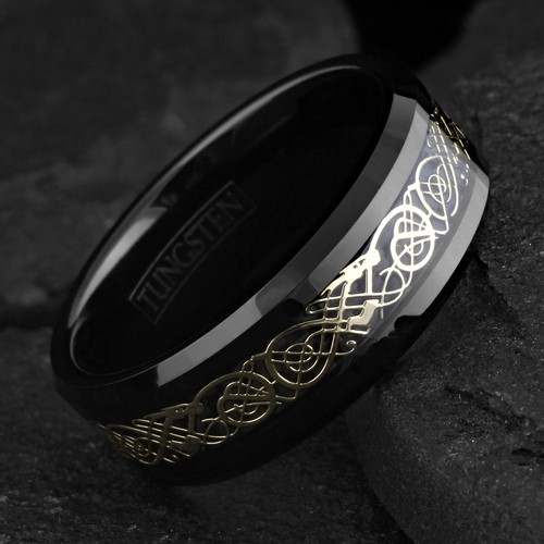6/8mm Black Tungsten Carbide Men's Gold Plated Celtic Dragon Wedding Band Ring - Picture 6 of 9