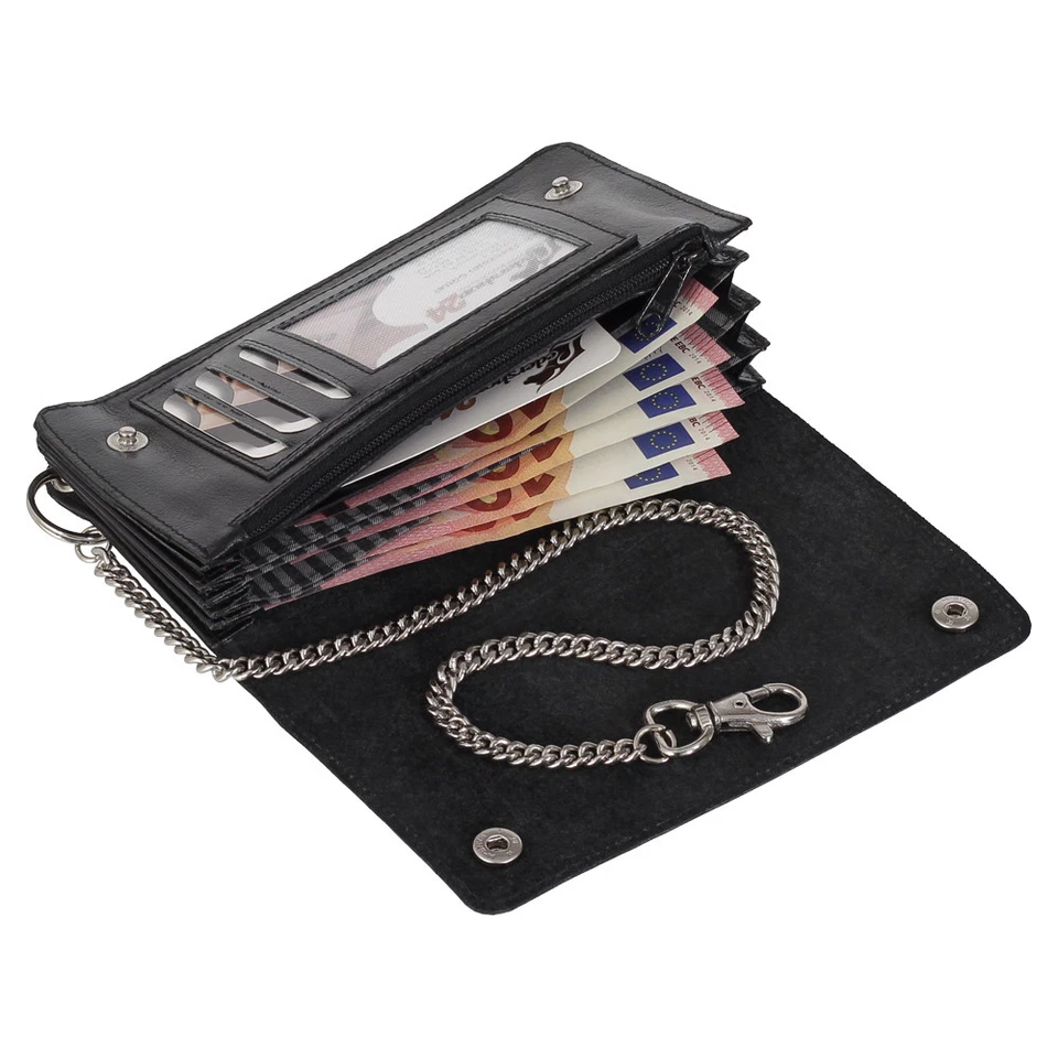 Luxus Leder Bikerbörse mit Kette Biker Geldbörse Geldbeutel 17,5 cm Schwarz 409 - Bild 4 von 4