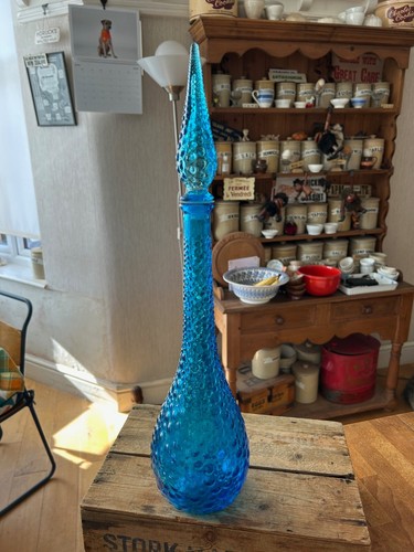 Vintage Bright Blue Glass Italian Empoli Bubble Pattern Genie Bottle – Great! –