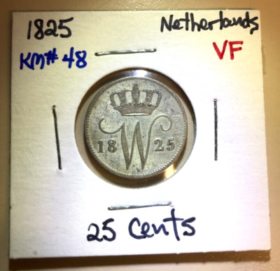   200 Year Old SILVER Coin   1825 Netherlands 25 Cents   CRISP DETAILS  