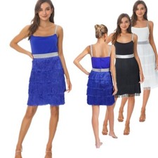Womens Latin Dance Dress Shiny Sling Bodycon Tassel High Waist A-line Costume