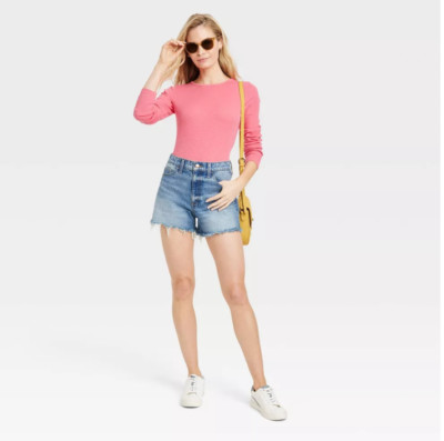 KLIQUE B. ~ New! NWT Large ~ Handcrafted HIGH Rise Denim Shorts w/ Buttonfly a57