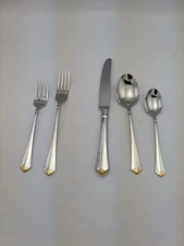 Oneida Golden Juilliard 18/8 Stainless+24k Gold Flatware Heirloom 5 Pc USA Made