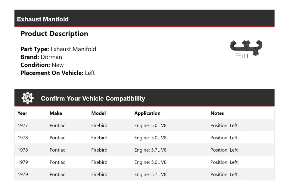 Левый выпускной коллектор для Pontiac Firebird Dorman 1977-1979 годов выпуска 1978 - Изображение 2 из 4