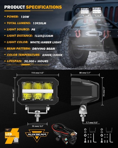 Auxbeam 4.5In LED Driving Light Pods White DRL/Amber Turn Signal Light &Harness - Picture 7 of 12