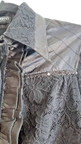 Emma Pucci Formal Button Shirt Black Lace Quilted Yoke Ruffle L/Slve M RegFit - Picture 3 of 10